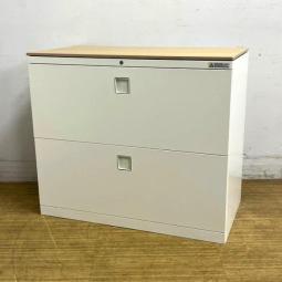 【外部倉庫在庫】2段ラテラル書庫　オカムラ　レクトライン　ナチュラル天板（ネオウッドライト）　鍵付き　シリンダー錠　窓下の収納にうってつけの仕様