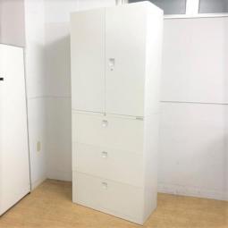 【在庫入替セール】オカムラ　レクトラインシリーズ　3段ラテラル+両開き扉の書庫セット　ホワイト　シリンダー錠　鍵付き　人気かつ定番商品　書類保管におすすめ