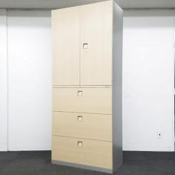 【在庫セール品：1台限定】【T5】■オカムラ（okamura）製　レクトラインシリーズ　両開き＋３段ラテラル　書庫セット　H2150㎜　■ネオウッドライト×スキップシルバー　 ■シリンダー錠【オフィスの書類をスッキリ整理！　大人気レクトラインの上下書庫セット！】