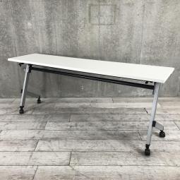 【2名様でゆったりと使えるスタックテーブル入荷！奥行き600㎜で広々！キャスター付きで移動も楽々！】■ウチダ製　プラッテ　サイドスタックテーブル　■幅1500×奥行600　■幕板無し　■ピュアホワイト【天板跳ね上げ式でコンパクトに収納！】