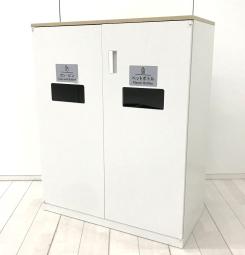 【リフレッシュスペースでのご利用にもオススメ！】■UCHIDA　HSシリーズ　分別ダストボックス　ホワイト　木目天板付【両開きリサイクルユニット】【ゴミ箱収納庫】【ABW】