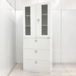 【珍しいガラス戸両開き＋引き出し(ラテラル)の上下書庫セットが入荷！オフィスの書類をすっきり収納！】■オカムラ　レクトライン　ネオホワイト　シリンダー鍵　【耐震施工のご案内も可能です！】