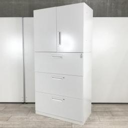 【天井の梁に優しいサイズ】【収納の定番！エディアシリーズ！収納量抜群！観音開き＋引き出しタイプのキャビネットセット！】■コクヨ(KOKUYO)製　 エディアシリーズ　ハイキャビネット　両開き＋3段ラテラル　■ホワイト　■シリンダー鍵