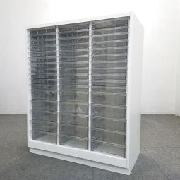 【書類・備品整理の必需品！　珍しいクリトレが入荷！　収納力抜群！】■イトーキ(ITOKI)製　シンライン(Thin Line)シリーズ　クリスタルトレイ　ローキャビネット　W900×H1100㎜　■ホワイト　■3列×浅型11段＋深型5段