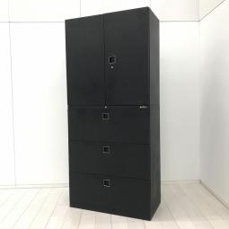 【オフィス書類を一気に整理！希少なブラックカラーの上下書庫セット】■オカムラ(okamura)製　レクトライン(Rectline)シリーズ　両開き+３段ラテラル　書庫セット　■シリンダー錠　■ブラック/オススメ(おすすめ) /人気商品　【弊社使用欄：A01078160 / A01078161】