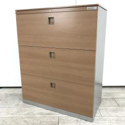 【高品質で使いやすい！】■オカムラ製　3段ラテラル書庫　レクトラインウッドタイプ　木目天板付　■大容量！引出し型キャビネット！【okamura　Rectline】