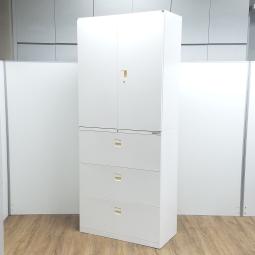 ★【把手日焼け】オカムラ製　SAデュオライン(SA-Duoline)　ホワイト　シリンダー　書類整理がしやすいデュオラインシリーズ・人気の書庫セット！　両開き＋3ラテラル　上下庫セット！！