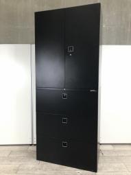 【オフィス書類を一気に整理！希少なブラックカラーの上下書庫セット】■オカムラ(okamura)製　レクトライン(Rectline)シリーズ　両開き+３段ラテラル　書庫セット　H2150㎜　■シリンダー錠　■ブラック　【弊社使用欄：A01079974 / A01079978】