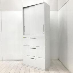 【収納力抜群の書庫セット！　引き違い書庫＋引き出しタイプの人気の組み合わせ！】■ウチダ(UCHIDA)製　 ハイパーストレージ(HS)シリーズ　引き違い書庫＋3段ラテラル書庫　書庫セット　ハイキャビネット　H2150㎜　■3枚引き戸　■ホワイト　■シリンダー錠