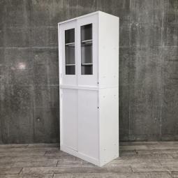 【レアな組み合わせ！ガラス引き戸と引き違いの上下書庫セット！オフィスの書類をすっきり収納！】■イトーキ(ITOKI)製　エスキャビネット(eS)シリーズ　ガラス戸引き違い＋引き違い　書庫セット　ハイキャビネット　2枚扉　■ホワイト 　■シリンダー鍵