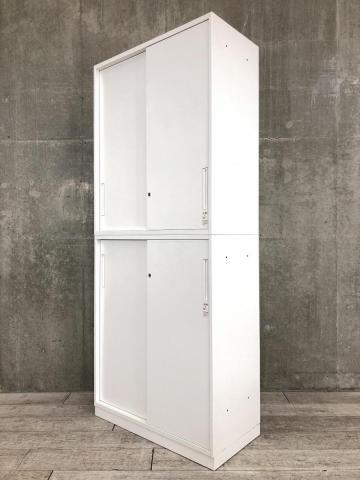 【カギ作成可能！】【手狭オフィスで大活躍！導線を確保できる上下引き違い書庫セット！】■コクヨ（KOKUYO）製　エディアシリーズ（EDIA）　上下引き違い書庫セット　ハイキャビネット　H2150㎜　■2枚扉　■シリンダー錠　■ホワイト【入替セールにつき40%OFF！】