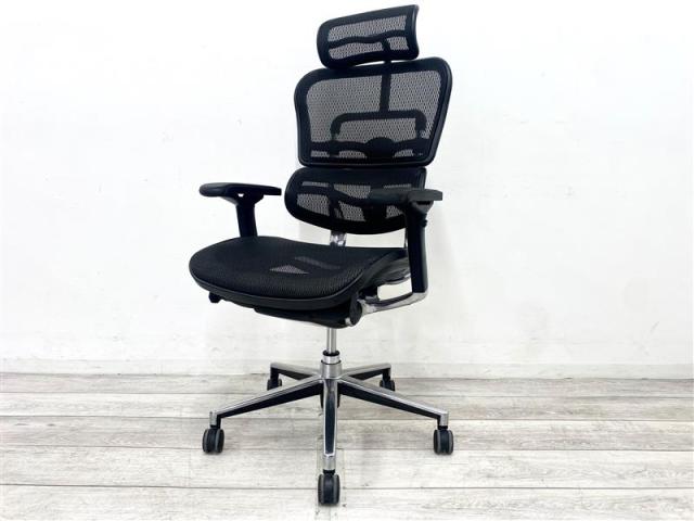 【定価約14万円】【【限定1脚】中古では珍しいヘッドレスト付き 最高級の座り心地!】■エルゴヒューマン/プロ ■肘付ハイバックチェア ■ブラック ■大型独立ランバーサポート ヘッドレストつき 可動肘