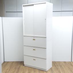 【把手日焼け】イトーキ製　シンライン　ホワイト　W900xD450xH2140サイズ　※3段ラテラル日焼けあり　省スペース×大容量！　オフィスをすっきり整える定番収納！　2枚引き違い+3段ラテラル　上下書庫セット！！
