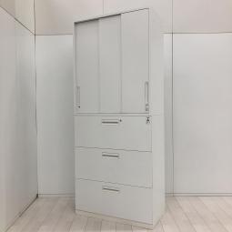 【収納力抜群の書庫セット! 引き違い書庫+引き出しタイプの人気の組み合わせ!】■コクヨ(KOKUYO)製 エディア(EDIA)シリーズ 引き違い書庫+3段ラテラル書庫 書庫セット ハイキャビネット H2215㎜ ■2枚引き戸 ■シリンダー錠 ■ホワイト【AD】