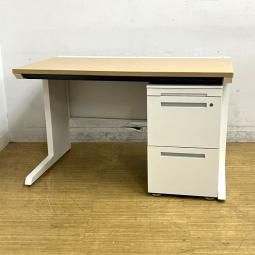 イトーキ　CZR　疑似的な片袖机（平机＋3段ワゴンのセット）　定番の使いやすいW1200　センター引き出し付き　天板：ファインウォールナットライト　脚・ホワイト【愛知・名古屋・豊田・静岡・浜松】