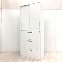【定価約20万円】【収納と取り出しやすさを両立!上下組み合わせで使い勝手抜群!】■コクヨ(KOKUYO)製 エディア(EDIA)シリーズ 引き違い+3段ラテラル 上下書庫セット ■2枚扉 H2160㎜ ■シリンダー錠 ■ホワイト
