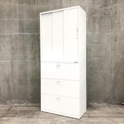 【鍵作成可能！】【8/6(木)入荷予定！】【オフィスの書類をまとめて整理！引き違いと引き出し式の書庫セット！】■オカムラ(okamura)製　レクトラインシリーズ　引き違い＋3段ラテラル　上下書庫セット　3枚扉　H2150㎜　■シリンダー錠　■ホワイト