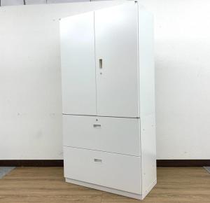 【これ1台で書類整理の問題が解決！　上下で5段分の大容量収納！】■イトーキ (ITOKI)製　シンライン　ハイキャビネット 　両開き＋2段ラテラル　書庫セット　■ホワイト　■シリンダー錠
