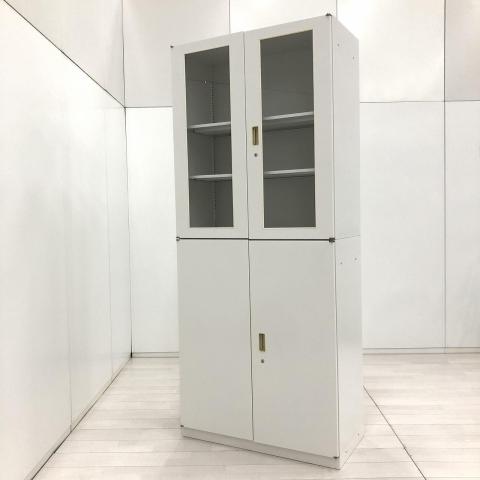 【隠す＆見せる、のメリハリ収納！両開き＋ガラス扉の両開きの珍しい書庫セット！】■イトーキ(ITOKI)製　シンラインR(THIN LINE R)シリーズ 　ハイキャビネット　両開き＋ガラス戸両開き　書庫セット　■ホワイト　■シリンダー錠