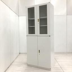 【隠す＆見せる、のメリハリ収納！両開き＋ガラス扉の両開きの珍しい書庫セット！】■イトーキ(ITOKI)製　シンラインR(THIN LINE R)シリーズ 　ハイキャビネット　両開き＋ガラス戸両開き　書庫セット　■ホワイト　■シリンダー錠