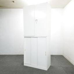 【オフィスの書類をまとめて整理！引き違い扉と両開き扉の書庫セット！】■オカムラ(okamura)製　レクトラインシリーズ　引き違い＋両開き　上下書庫セット　3枚扉　H2150㎜　■シリンダー錠　■ホワイト　■引き違い書庫：取手部分に日焼け有り
