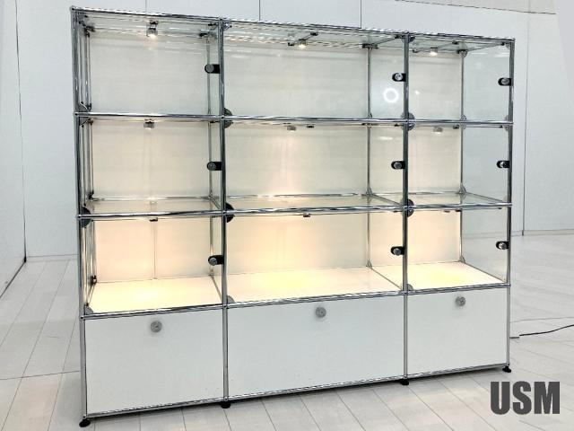 【引取り限定】USMハラー 3列4段 キャビネット ピュアホワイトｘガラス 照明付き D350 ショーウィンドウ/キャビネット