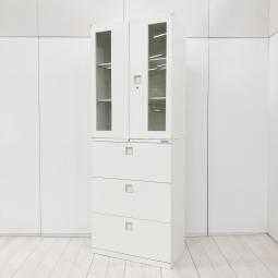 【希少品入荷！】【隠す＆見せる、のメリハリ収納！人気の書庫セット入荷！】■オカムラ(okamura)製　レクトライン(Rectline)シリーズ　ガラス両開き＋3段ラテラル　ガラス書庫セット　W800×D400×H2150mm　■シリンダー錠　■ホワイト