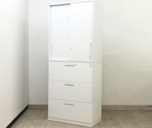 【収納力抜群の書庫セット！　引き違い書庫＋引き出しタイプの人気の組み合わせ！】■コクヨ(KOKUYO)製　エディア(EDIA)シリーズ　引き違い書庫＋3段ラテラル書庫　書庫セット　ハイキャビネット　H2150㎜　■2枚引き戸　■ホワイト　■シリンダー錠