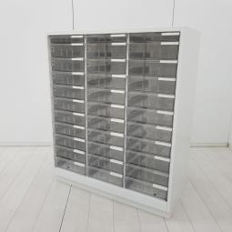 【書類・備品整理の必需品！珍しいクリトレが入荷！収納力抜群！】■イトーキ(ITOKI)製　シンラインR(Thin Line R)シリーズ　クリスタルトレイ　ローキャビネット　W900×D450×H1100㎜　■3列×浅型1段・深型10段　■ホワイト　【弊社使用欄：A01091742】