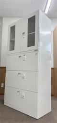 【西】オカムラ製　レクトラインシリーズ　オフィス書類を一気に整理！　希少なダイヤル錠モデル　ガラス戸両開き+3段ラテラル　上下書庫セット！！※非常解除キーは付属しておりません