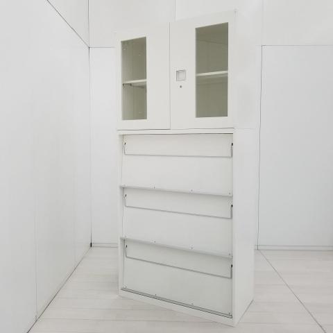 【雑誌やパンフレットの収納に！】■オカムラ　レクトラインシリーズ　上下書庫セット（上：ガラス両開き・H710mm + 下：雑誌架 / マガジンラック H1250mm）【Okamura　Rectline】