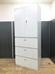 【省スペースに大容量収納！オフィス書類をまとめて整理！】■イトーキ製　両開き＋3段ラテラル　上下書庫セット　ホワイト　※日焼けあり　■国内メーカーで高品質！信頼と安心のシンラインシリーズ【THIN LINE CABINET】