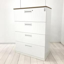 [【在庫入れ替えセール品】【オフィスの必需品！希少な大容量4段キャビネット！】■コクヨ(KOKUYO)製　エディア(EDIA)シリーズ　4段ラテラル　ローキャビネット　■天板：ナチュラル　■ホワイト　■シリンダー錠