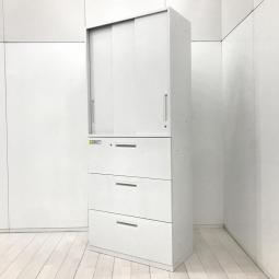 【収納力抜群の書庫セット！　引き違い書庫＋引き出しタイプの人気の組み合わせ！】■ウチダ(UCHIDA)製　 ハイパーストレージ(HS)シリーズ　引き違い書庫＋3段ラテラル書庫　書庫セット　ハイキャビネット　H2150㎜　■3枚引き戸　■ホワイト　■シリンダー錠