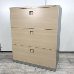 【西】【オフィスの必需品！大容量の三段キャビネット！】■オカムラ(okamura)製　レクトラインシリーズ　3段ラテラル　ローキャビネット　■木目ナチュラル (側/上面シルバー)　■シリンダー錠