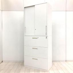 【収納力抜群の書庫セット！引き違い＋3段ラテラルタイプの使いやすい組み合わせ！】■コクヨ（KOKUYO）製　 エディア（EDIA）シリーズ　引き違い＋3段ラテラル　書庫セット　ハイキャビネット　■シリンダー錠　■ホワイト
