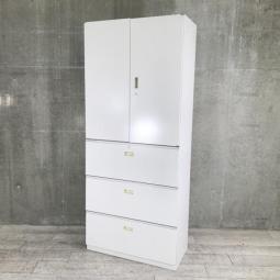 イトーキ製のハイキャビネット(両開き書庫＋3段ラテラル書庫)【シンラインシリーズ/ホワイト色】　＊良品を格安で！「オフィスバスターズ福岡南店」は、福岡を拠点として、全国へ中古オフィス用品・オフィス家具を提供しております