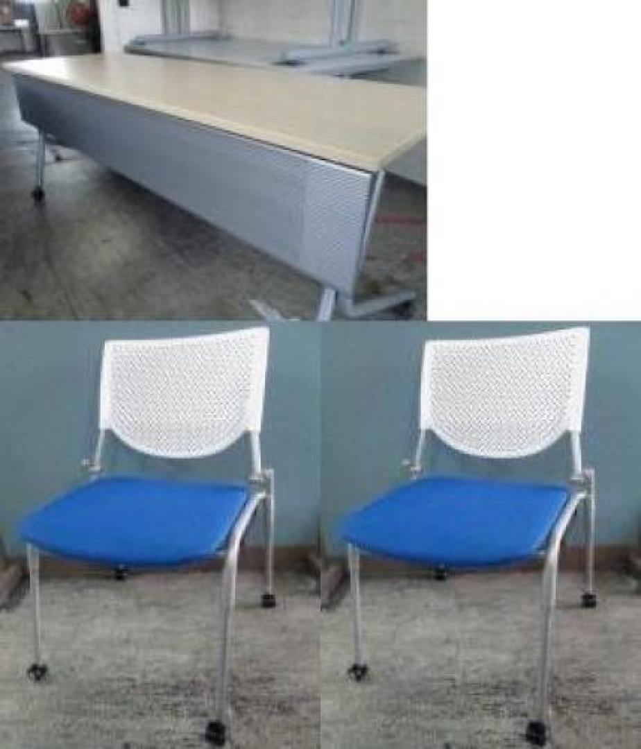 ☆★　オカムラ　サイドスタックテーブル　幕板付　Ｗ1800　+　プロスタックチェア　ブルー　２脚セット　【セット商品】☆★
                                    中古
            