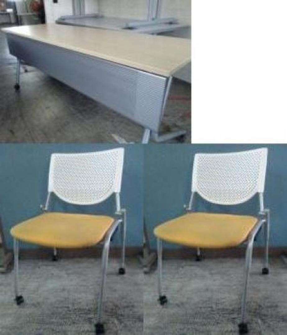 ☆★　オカムラ　サイドスタックテーブル　幕板付　Ｗ1800　+　プロスタックチェア　イエロー　２脚セット　【セット商品】☆★
                                    中古
            