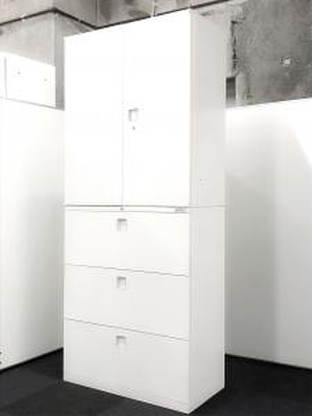 【限定1セット】一番人気の組み合わせ！
引き出し+観音開きタイプ！　収納　ホワイト　書庫　書棚　書類　整理
                        レクトライン 
                                    中古
            