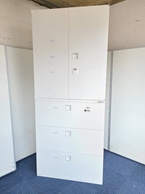 19年製！レクトラインシリーズ！両開き+3段ラテラルの書庫セット！｜ホワイト　ダイヤル錠