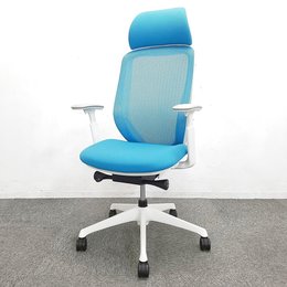 オカムラ製　シルフィー　ブルー色　ヘッドレスト　 在宅ワーク　ホワイトシェル　明るい　おすすめ　肘付き　ハイバック仕様！！※ヘッドレスは、新品のため取り寄せになります。